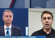 Ao vivo no SBT, Nikolas critica ida de Moraes a evento da emissora Nikolas Ferreira e o jornalista Leandro Magalhães Foto: Reprodução/SBT News