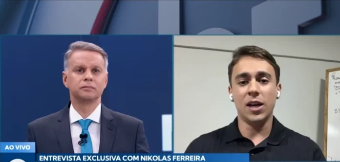 Nikolas Ferreira e o jornalista Leandro Magalhães Foto: Reprodução/SBT News Nikolas Ferreira e o jornalista Leandro Magalhães Foto: Reprodução/SBT News