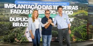 O início dos trabalhos foi acompanhado pela governadora Celina Leão, que destacou o impacto da obra em dois dos principais corredores de ligação entre o DF e Águas Lindas de Goiás e Padre Bernardo | Foto: Renato Alves/Agência Brasília